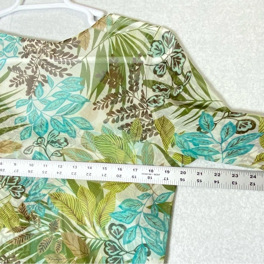 Loft Tropical Hawaiian Floral Top Womens L Green Sheer V Neck Long Sleeve Resort